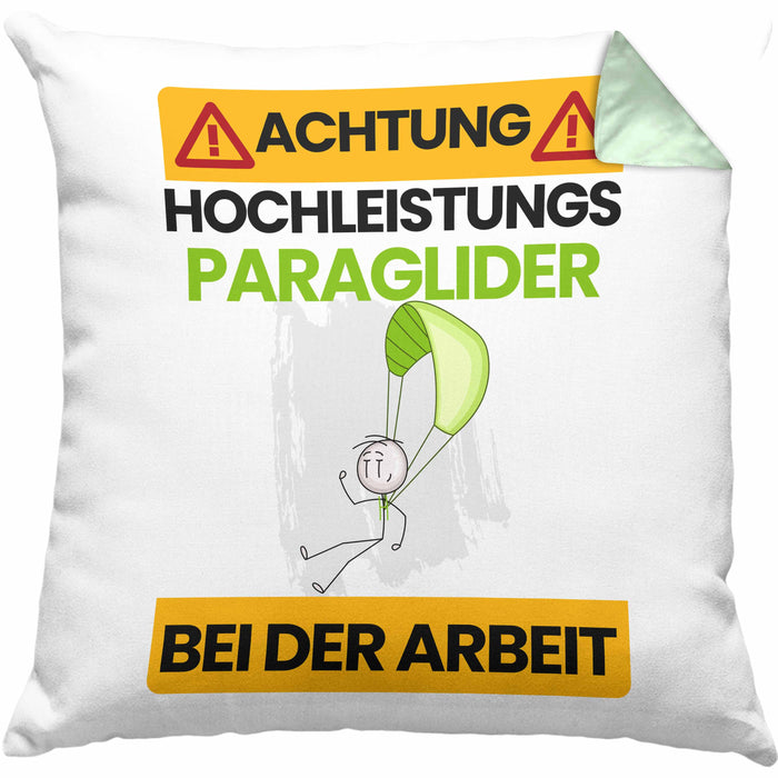 Paraglider Kissen mit Füllung 40x40 Geschenk Lustiger Spruch Geschenkidee für Paraglider Achtung Hochleistungs Paraglider Bei Der Arbeit (Grau) Grün Trendation
