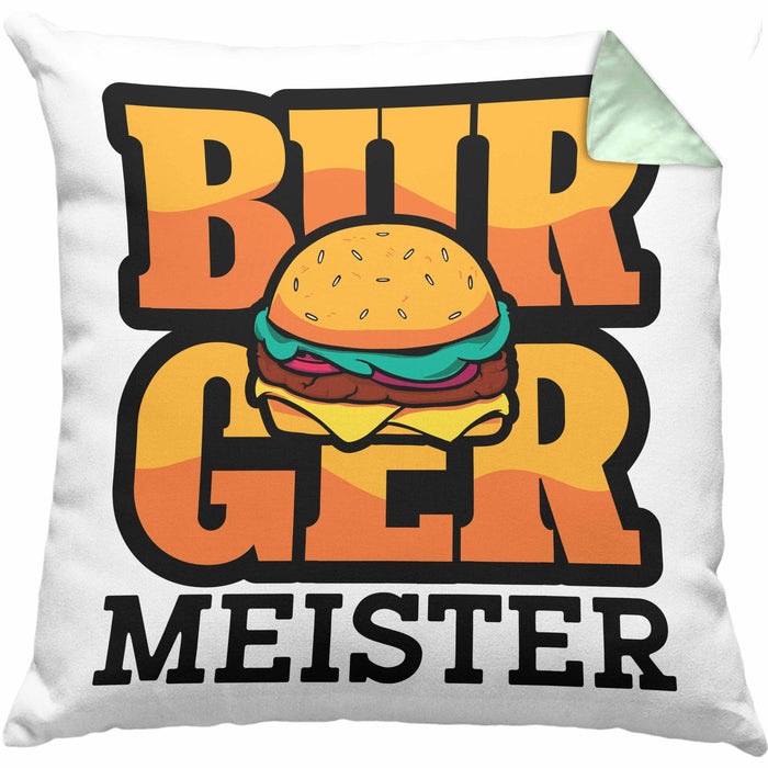 Burger Meister Kissen mit Füllung 40x40 Geschenk Spruch Grillen Sommer Burger Liebhaber Geschenkidee Cheeseburger (Grau) Grün Trendation