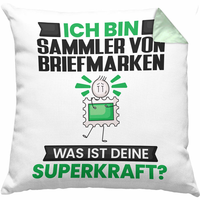 Sammler von Briefmarken Kissen mit Füllung 40x40 Geschenk für Sammler von Briefmarken Geburtstag Lustiger Spruch Was Ist Deine Superkraft (Grau) Grün Trendation