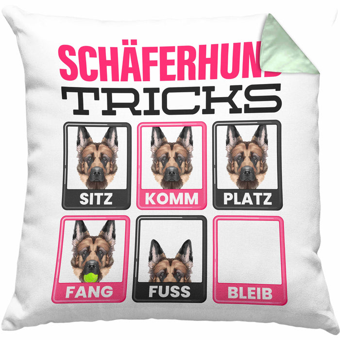 Schäferhund Besitzer Kissen mit Füllung 40x40 Geschenk Lustiger Spruch Geschenkidee Schäferhund Tricks Bleib (Grau) Grün Trendation