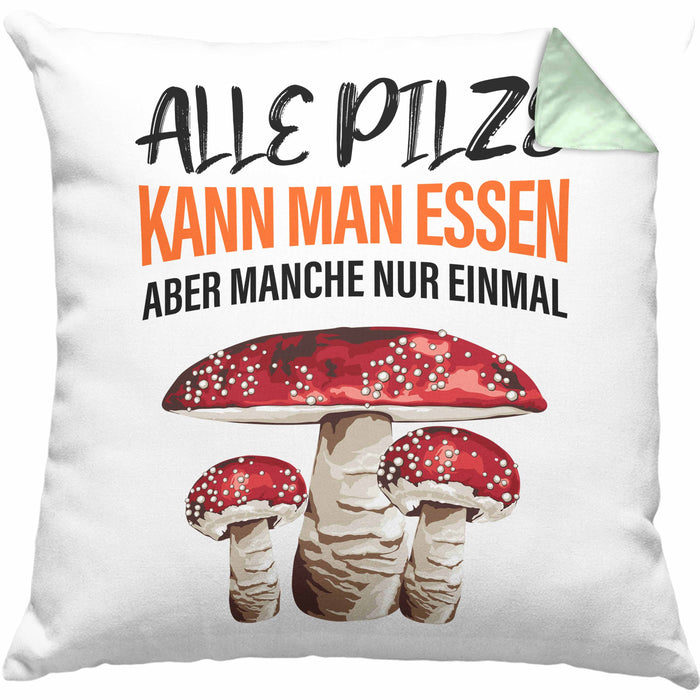 Pilzsammler Geschenk Kissen mit Füllung 40x40 Pilze Sammeln Geschenkidee Pilzsucher Pilzliebhaber (Grau) Grün Trendation