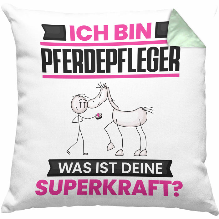 Pferdepfleger Kissen mit Füllung 40x40 Geschenk für Pferdepfleger Geburtstag Lustiger Spruch Was Ist Deine Superkraft (Grau) Grün Trendation