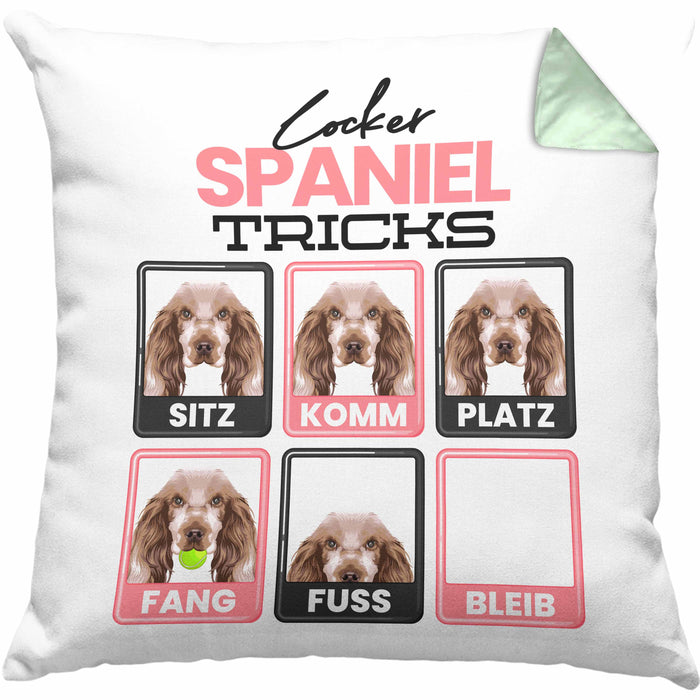 Cocker Spaniel Besitzer Kissen mit Füllung 40x40 Geschenk Lustiger Spruch Geschenkidee Cocker Spaniel Tricks Bleib (Grau) Grün Trendation