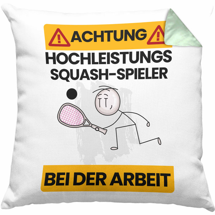 Squash-Spieler Kissen mit Füllung 40x40 Geschenk Lustiger Spruch Geschenkidee für Squash-Spieler Achtung Hochleistungs Squash-Spieler Bei Der Arbeit (Grau) Grün Trendation