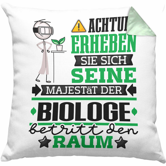 Biologe Geschenk Kissen mit Füllung 40x40 Lustiger Spruch Erheben Sie Sich Der Biologe Betritt den Raum (Grau) Grün Trendation