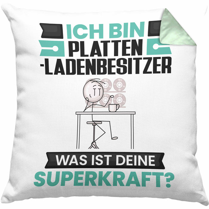 Plattenladenbesitzer Kissen mit Füllung 40x40 Geschenk für Plattenladenbesitzer Geburtstag Lustiger Spruch Was Ist Deine Superkraft (Grau) Grün Trendation