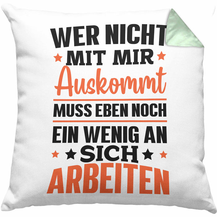 Wer Nicht Mit Mir Auskommt Muss Eben Noch Ein Wenig An Sich Arbeiten Kissen mit Füllung 40x40 Spruch (Grau) Grün Trendation