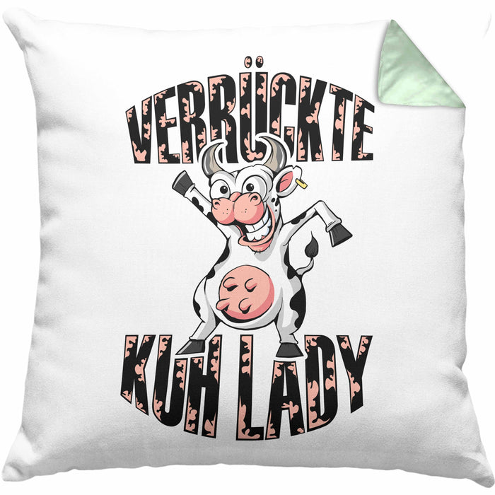Lustige Kissen mit Füllung 40x40 Geschenk Frauen "Verrückte Kuhlady" Bauernhof Bäuerin (Grau) Grün Trendation