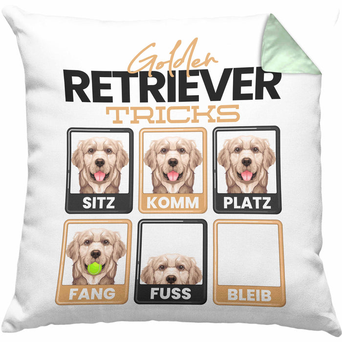 Golden Retriever Besitzer Kissen mit Füllung 40x40 Geschenk Lustiger Spruch Geschenkidee Golden Retriever Tricks Bleib (Grau) Grün Trendation