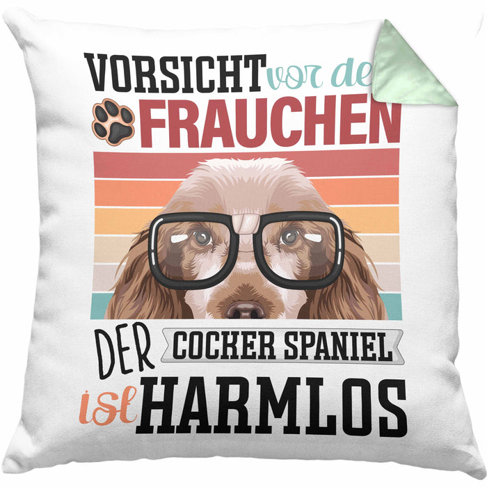 Cocker Spaniel Besitzerin Frauchen Kissen mit Füllung 40x40 Geschenk Lustiger Spruch Geschenkidee Vorsicht Vor Dem Frauchen (Grau) Grün Trendation