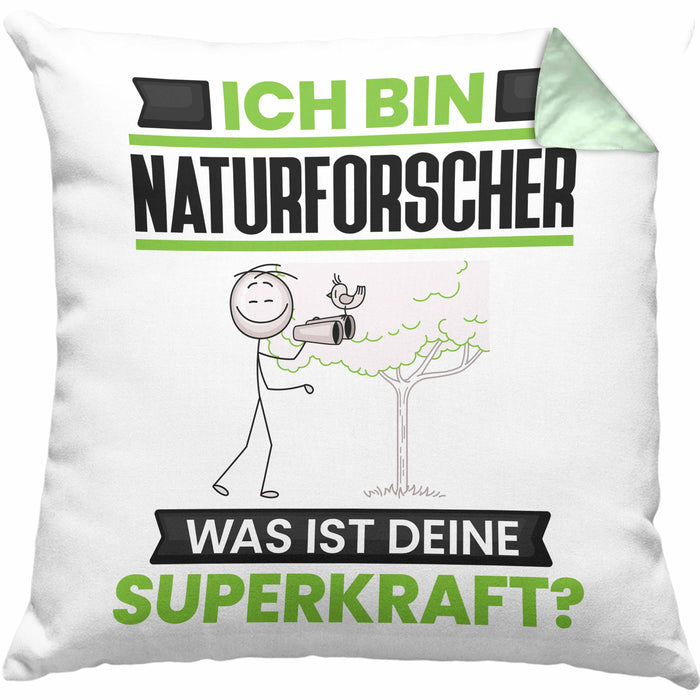 Naturforscher Kissen mit Füllung 40x40 Geschenk für Naturforscher Geburtstag Lustiger Spruch Was Ist Deine Superkraft (Grau) Grün Trendation