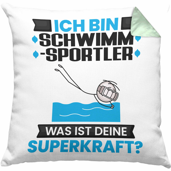 Schwimmsportler Kissen mit Füllung 40x40 Geschenk für Schwimmsportler Geburtstag Lustiger Spruch Was Ist Deine Superkraft (Grau) Grün Trendation