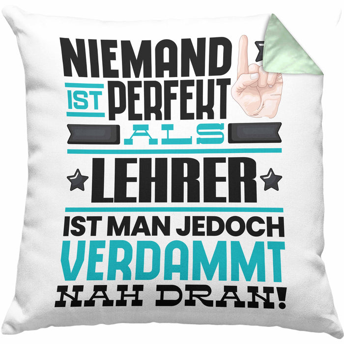 Lehrer Geschenk Kissen mit Füllung 40x40 Lustige Geschenkidee für Lehrer Geburtstag Niemand Ist Perfekt Aber Als Lehrer Ist Man Nah Dran (Grau) Grün Trendation