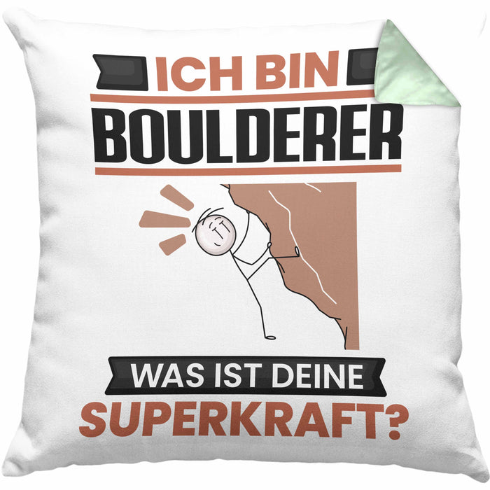 Boulderer Kissen mit Füllung 40x40 Geschenk für Boulderer Geburtstag Lustiger Spruch Was Ist Deine Superkraft (Grau) Grün Trendation