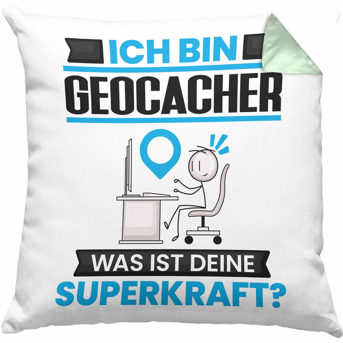 Geocacher Kissen mit Füllung 40x40 Geschenk für Geocacher Geburtstag Lustiger Spruch Was Ist Deine Superkraft (Grau) Grün Trendation