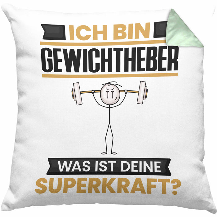 Gewichtheber Kissen mit Füllung 40x40 Geschenk für Gewichtheber Geburtstag Lustiger Spruch Was Ist Deine Superkraft (Grau) Grün Trendation