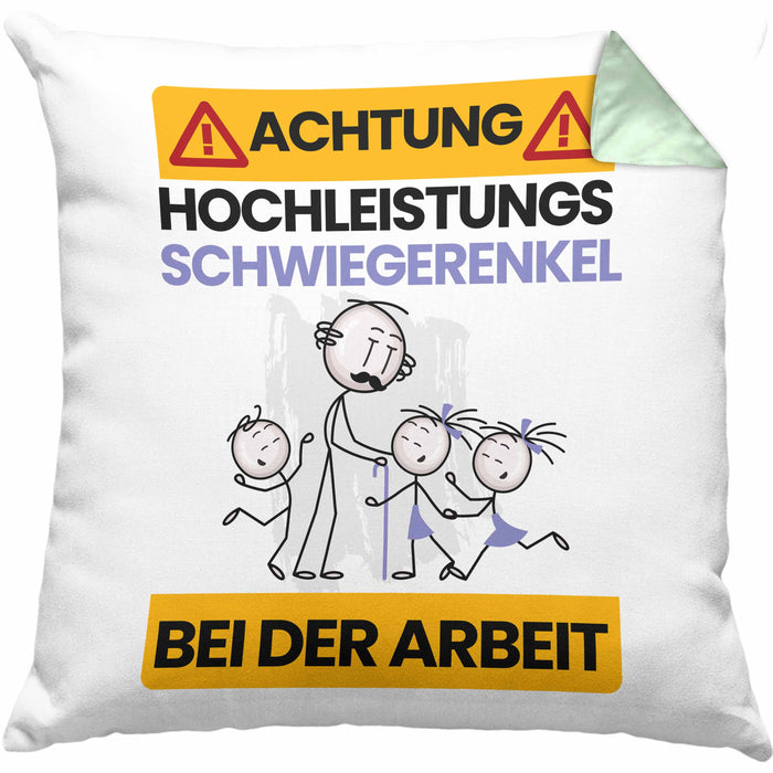 Schwiegerenkel Kissen mit Füllung 40x40 Geschenk Lustiger Spruch Geschenkidee für Schwiegerenkel Achtung Hochleistungs Schwiegerenkel Bei Der Arbeit (Grau) Grün Trendation