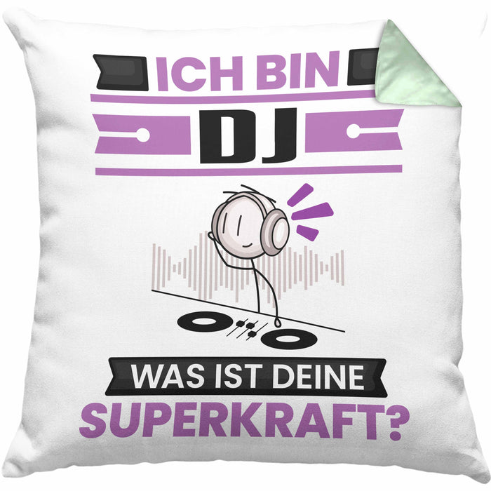 DJ Kissen mit Füllung 40x40 Geschenk für DJ Geburtstag Lustiger Spruch Was Ist Deine Superkraft (Grau) Grün Trendation