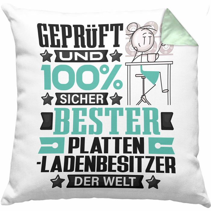 Plattenladenbesitzer Geschenk Lustiger Spruch für Plattenladenbesitzer Geschenkidee Bester Plattenladenbesitzer Der WeltKissen mit Füllung 40x40 (Grau) Grün Trendation
