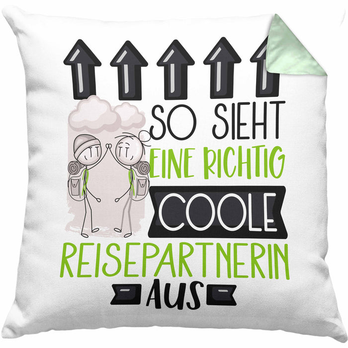 Reisepartnerin Geschenk Kissen mit Füllung 40x40 Lustig Geschenkidee für Reisepartnerin Geburtstag So Sieht Eine Richtig Coole Reisepartnerin Aus Frauen Spruch (Grau) Grün Trendation