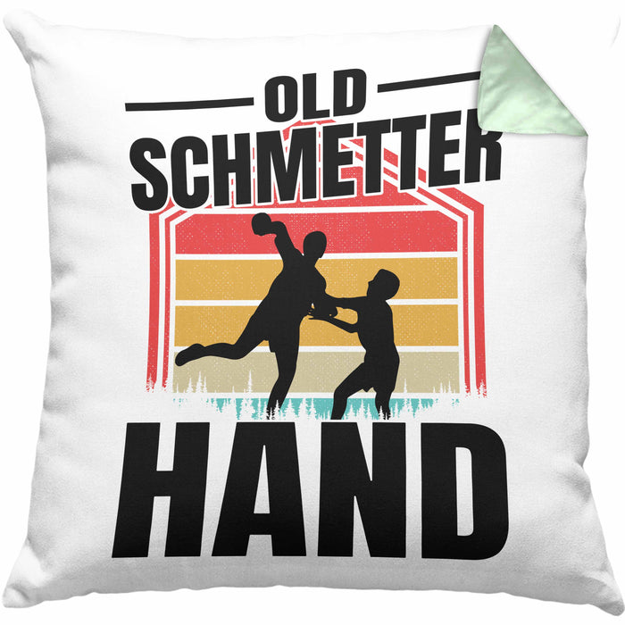 Handball Geschenk Kissen mit Füllung 40x40 Geschenkidee Handball-Spieler Handballspielerin Mädchen Jungs Old Schmetterhand (Grau) Grün Trendation