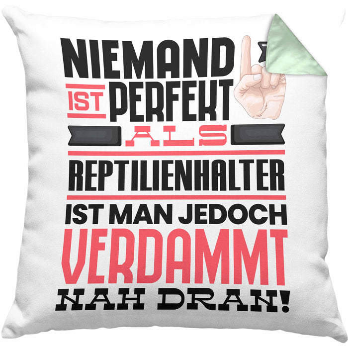 Reptilienhalter Geschenk Kissen mit Füllung 40x40 Lustige Geschenkidee für Reptilienhalter Geburtstag Niemand Ist Perfekt Aber Als Reptilienhalter Ist Man Nah Dran (Grau) Grün Trendation
