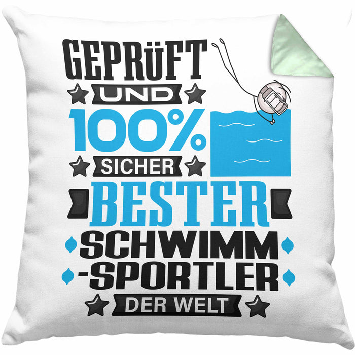 Schwimmsportler Geschenk Lustiger Spruch für Schwimmsportler Geschenkidee Bester Schwimmsportler Der WeltKissen mit Füllung 40x40 (Grau) Grün Trendation