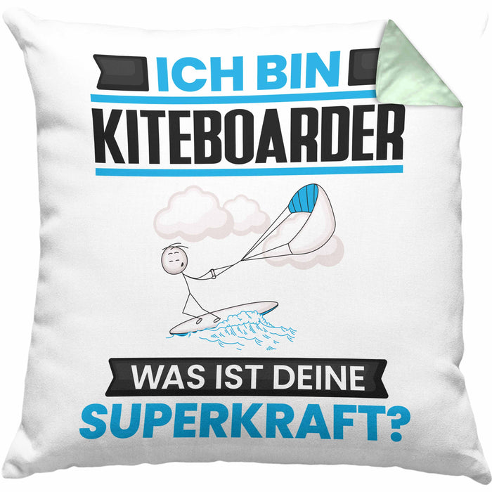 Kiteboarder Kissen mit Füllung 40x40 Geschenk für Kiteboarder Geburtstag Lustiger Spruch Was Ist Deine Superkraft (Grau) Grün Trendation
