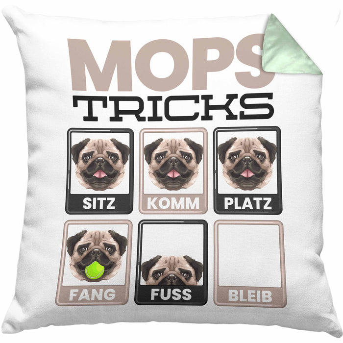 Mops Besitzer Kissen mit Füllung 40x40 Geschenk Lustiger Spruch Geschenkidee Mops Tricks Bleib (Grau) Grün Trendation