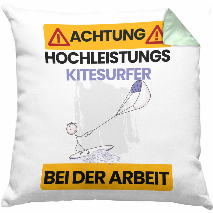 Kitesurfer Kissen mit Füllung 40x40 Geschenk Lustiger Spruch Geschenkidee für Kitesurfer Achtung Hochleistungs Kitesurfer Bei Der Arbeit (Grau) Grün Trendation
