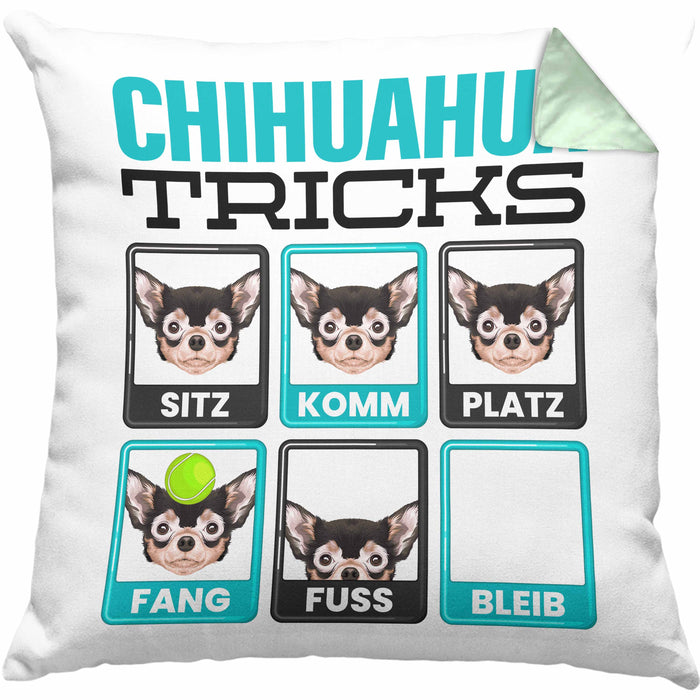 Chihuahua Besitzer Kissen mit Füllung 40x40 Geschenk Lustiger Spruch Geschenkidee Chihuahua Tricks Bleib (Grau) Grün Trendation