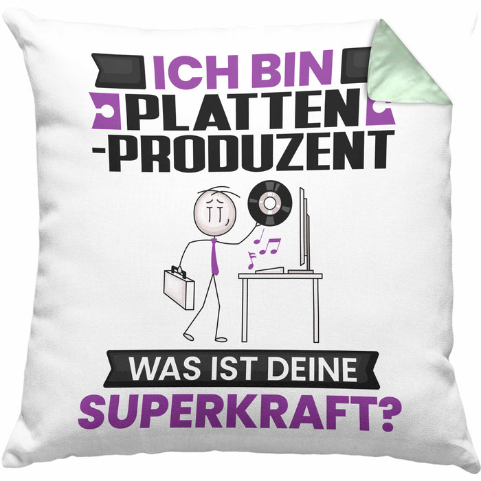 Plattenproduzent Kissen mit Füllung 40x40 Geschenk für Plattenproduzent Geburtstag Lustiger Spruch Was Ist Deine Superkraft (Grau) Grün Trendation