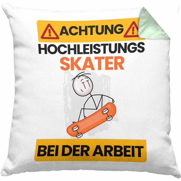 Skater Kissen mit Füllung 40x40 Geschenk Lustiger Spruch Geschenkidee für Skater Achtung Hochleistungs Skater Bei Der Arbeit (Grau) Grün Trendation