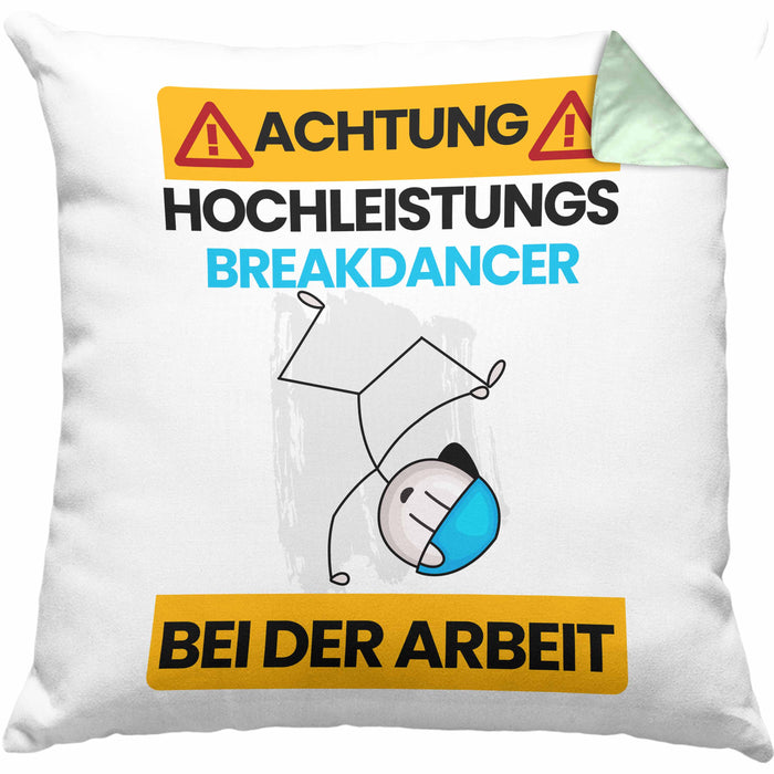 Breakdancer Kissen mit Füllung 40x40 Geschenk Lustiger Spruch Geschenkidee für Breakdancer Achtung Hochleistungs Breakdancer Bei Der Arbeit (Grau) Grün Trendation