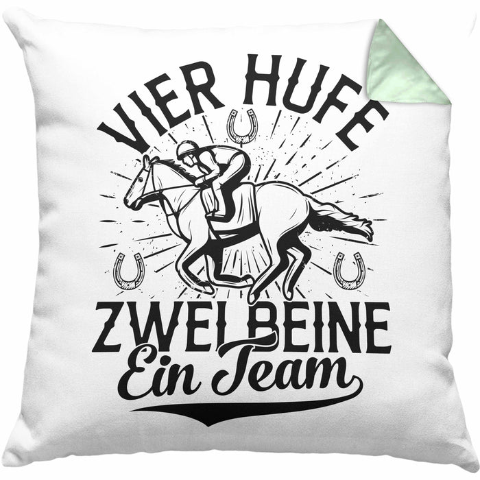Reiterin Kissen mit Füllung 40x40 Spruch Geschenk Pferde-Liebhaberin Geschenkidee Mädchen Vier Hufe Zwei Beine Ein Team (Grau) Grün Trendation