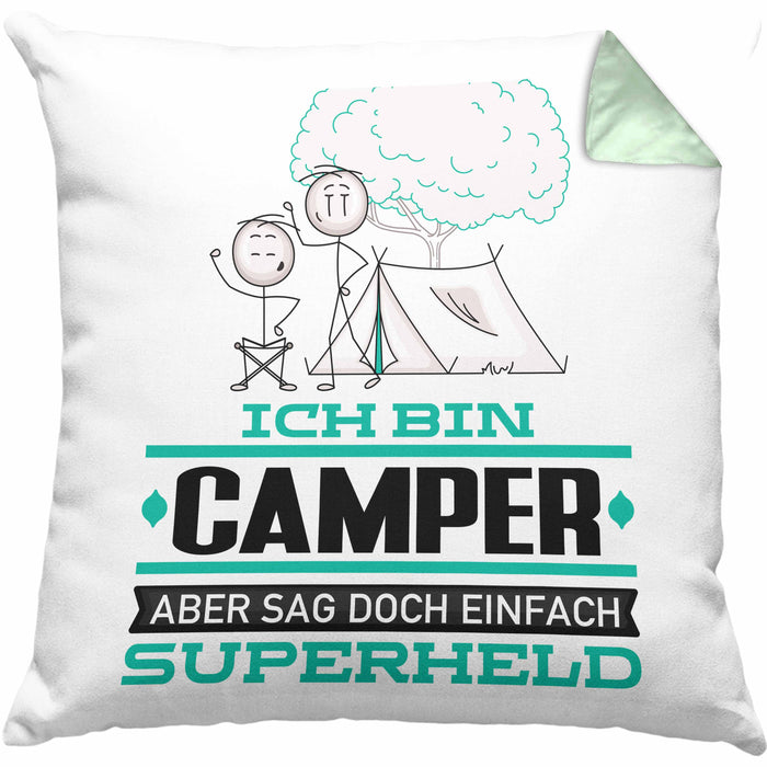 Camper Geschenk Kissen mit Füllung 40x40 Ich Bin Camper Aber Sag Doch Einfach Superheld Lustige Geschenkdiee für Camper (Grau) Grün Trendation