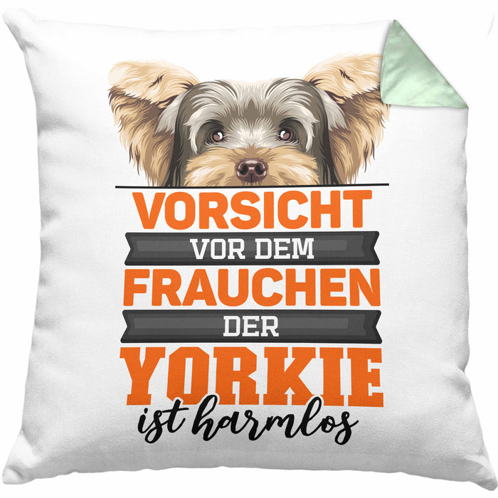 Yorkie-Besitzer Geschenk Kissen mit Füllung 40x40 Hund Yorkie Liebhaber Geschenkidee Vorsicht Vor Dem Frauchen Der Yorkie Ist Harmlos (Grau) Grün Trendation