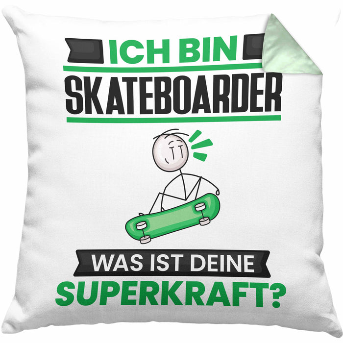 Skateboarder Kissen mit Füllung 40x40 Geschenk für Skateboarder Geburtstag Lustiger Spruch Was Ist Deine Superkraft (Grau) Grün Trendation