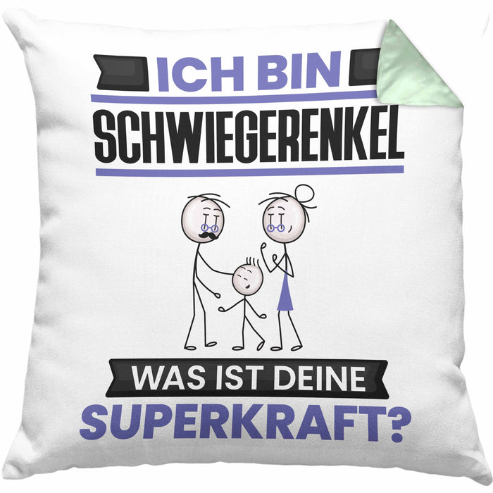 Schwiegerenkel Kissen mit Füllung 40x40 Geschenk für Schwiegerenkel Geburtstag Lustiger Spruch Was Ist Deine Superkraft (Grau) Grün Trendation