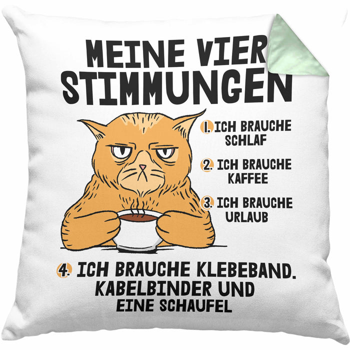 Katze Kissen mit Füllung 40x40 Geschenk Katzenbesitzerin Lustige Sprüche Kaffee Urlaub Müde Meine Vier Kaffeestimungen (Grau) Grün Trendation