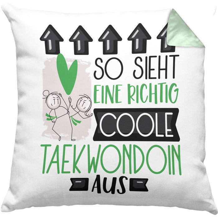 Taekwondoin Geschenk Kissen mit Füllung 40x40 Geschenkidee für Taekwondoin Geburtstag Weihnachten Spruch So Sieht Eine Richtig Coole Taekwondoin Aus (Grau) Grün Trendation