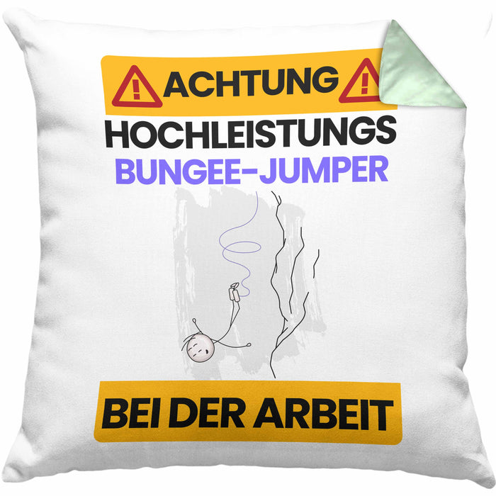 Bungee-Jumper Kissen mit Füllung 40x40 Geschenk Lustiger Spruch Geschenkidee für Bungee-Jumper Achtung Hochleistungs Bungee-Jumper Bei Der Arbeit (Grau) Grün Trendation