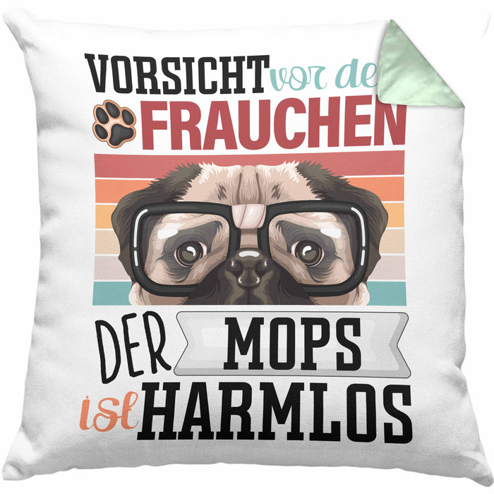Mops Besitzerin Frauchen Kissen mit Füllung 40x40 Geschenk Lustiger Spruch Geschenkidee Vorsicht Vor Dem Frauchen (Grau) Grün Trendation