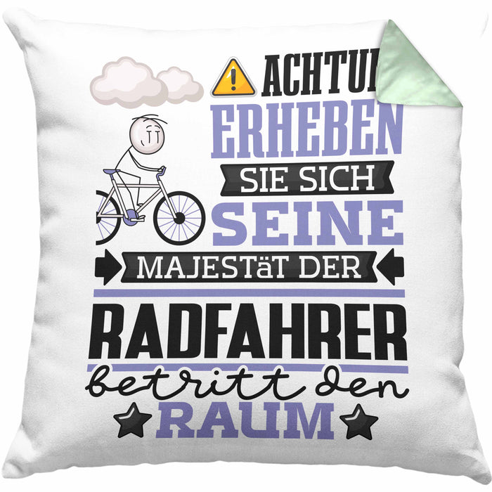 Radfahrer Geschenk Kissen mit Füllung 40x40 Lustiger Spruch Erheben Sie Sich Der Radfahrer Betritt den Raum (Grau) Grün Trendation