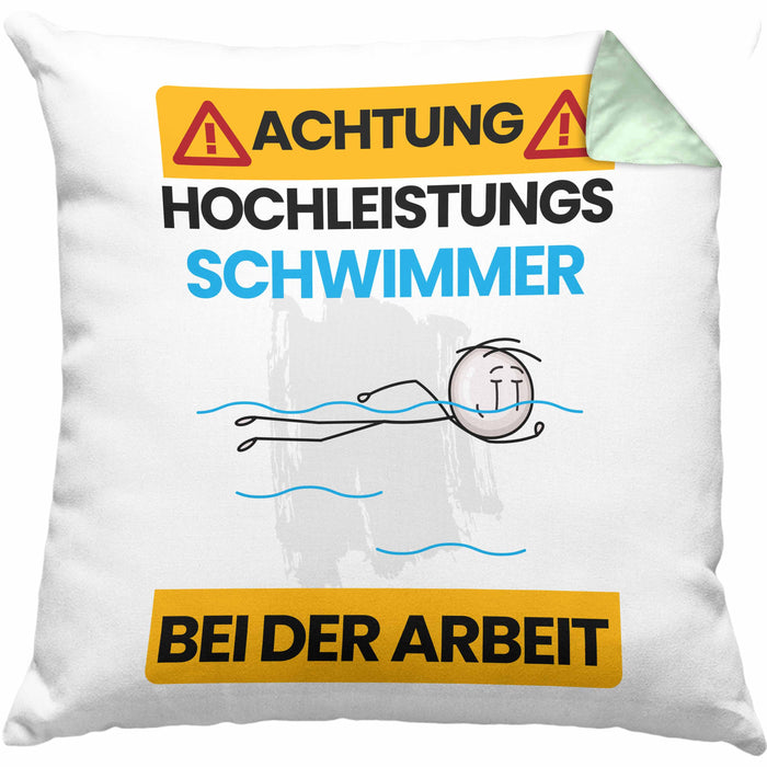 Schwimmer Kissen mit Füllung 40x40 Geschenk Lustiger Spruch Geschenkidee für Schwimmer Achtung Hochleistungs Schwimmer Bei Der Arbeit (Grau) Grün Trendation