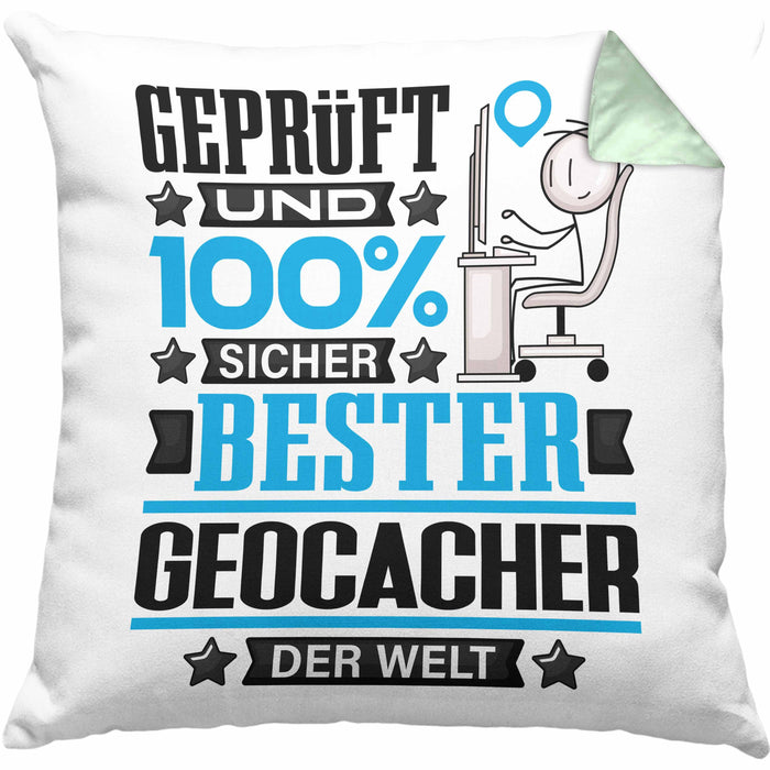 Geocacher Geschenk Lustiger Spruch für Geocacher Geschenkidee Bester Geocacher Der WeltKissen mit Füllung 40x40 (Grau) Grün Trendation
