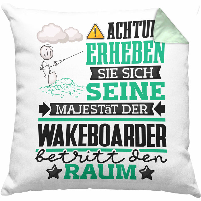 Wakeboarder Geschenk Kissen mit Füllung 40x40 Lustiger Spruch Erheben Sie Sich Der Wakeboarder Betritt den Raum (Grau) Grün Trendation