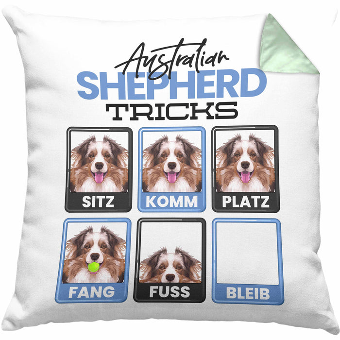 Australian Shepherd Besitzer Kissen mit Füllung 40x40 Geschenk Lustiger Spruch Geschenkidee Australian Shepherd Tricks Bleib (Grau) Grün Trendation