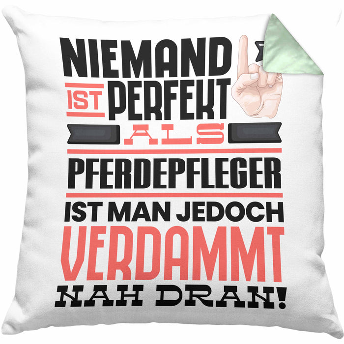 Pferdepfleger Geschenk Kissen mit Füllung 40x40 Lustige Geschenkidee für Pferdepfleger Geburtstag Niemand Ist Perfekt Aber Als Pferdepfleger Ist Man Nah Dran (Grau) Grün Trendation