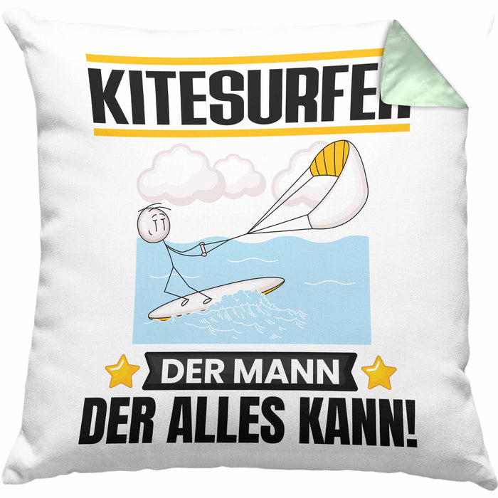 Kitesurfer Kissen mit Füllung 40x40 Geschenk für Kitesurfer Der Mann Der Alles Kann Geschenkidee zum Geburtstag (Grau) Grün Trendation